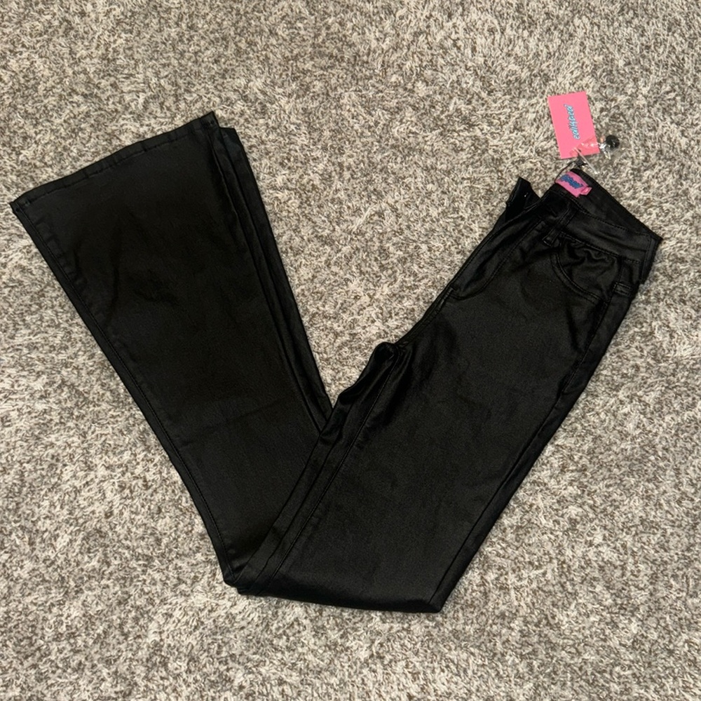 Black leather flare pants